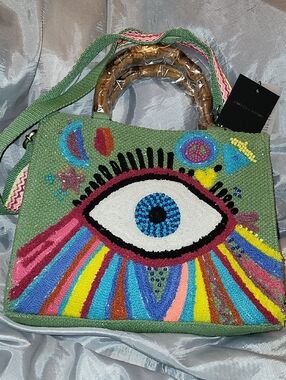 America & Beyond Beaded  Eye Embellished Tote Satchel Green W Gold Flecks BnwteL